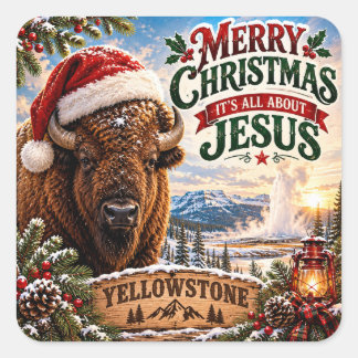 Pegatina Cuadrada Navidad en Yellowstone Bison Feliz Navidad 