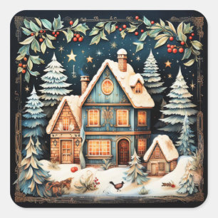 Pegatina Cuadrada Navidad, escena navideña vintage,