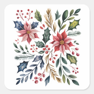 Pegatina Cuadrada Navidad Floral Boho Fiesta Invierno Lindo Día Fest