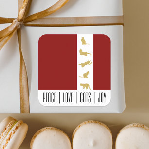 Pegatina Cuadrada Navidad Gato Rojo Blanco Oro Moderno