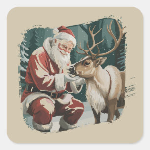 Pegatina Cuadrada Navidad inspirada en vintage Santa Reno ciervo