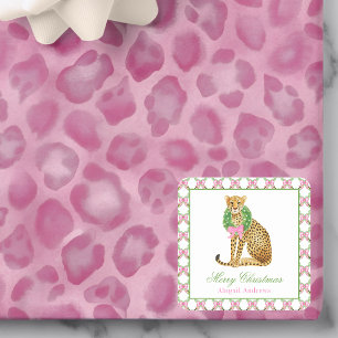 Pegatina Cuadrada Navidad Leopardo Preppy Acuarela