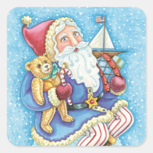 Pegatina Cuadrada Navidad linda, Santa Claus en bola de nieve con ju