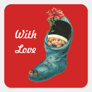 Pegatina Cuadrada Navidad lindo que almacena, pequeño niño, rojo