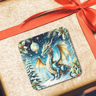 Pegatina Cuadrada Navidad Mágica del Dragón con Acebo