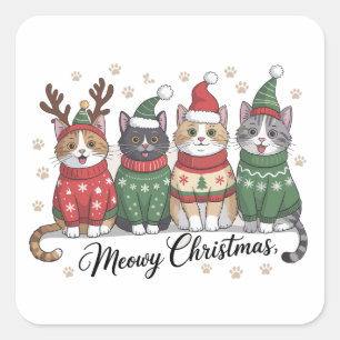Pegatina Cuadrada Navidad Meowy Gato Gatitos Lindos con Sombrero de 