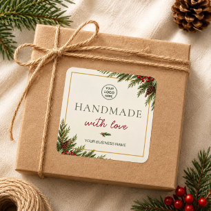 Pegatina Cuadrada Navidad Moderna Hecha a Mano Con Amor Negocio
