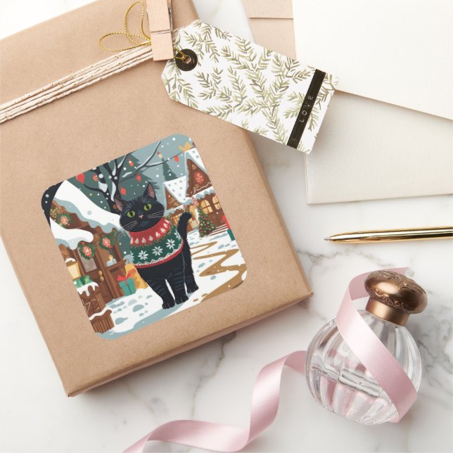 Pegatina Cuadrada Navidad Nieve Gato Negro Fiesta (Regalar)