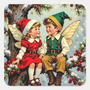 Pegatina Cuadrada Navidad Niños Hadas Élficas Vintage Lindos