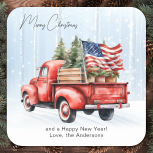 Pegatina Cuadrada Navidad Patriótica Bandera Roja Camión Vintage USA