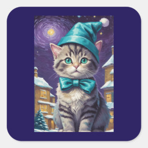 Pegatina Cuadrada Navidad personalizada de gato vintage