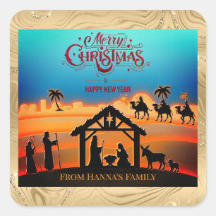 Pegatina Cuadrada Navidad Personalizada en Oro "Feliz Navidad"
