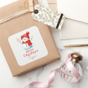 Pegatina Cuadrada Navidad Personalizada Feliz Muñeco de Nieve Año Pe