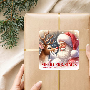 Pegatina Cuadrada Navidad Personalizada Santa y Rudolph