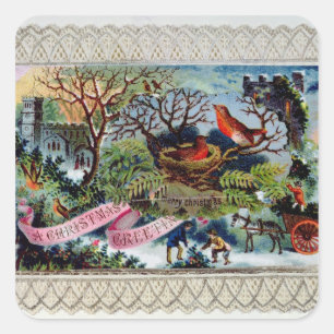 Pegatina Cuadrada Navidad que saluda, postal del Victorian