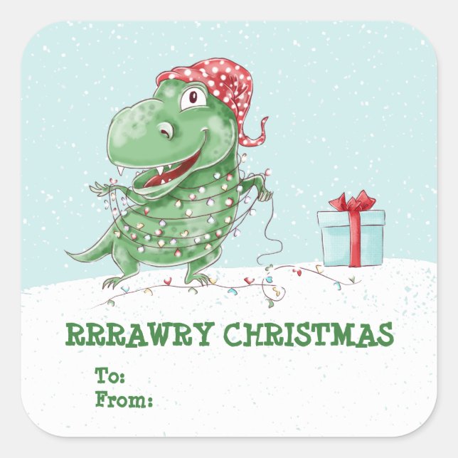 Pegatina Cuadrada Navidad Rawry Dinosaurio Tonto de Navidad  (Anverso)