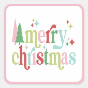 Pegatina Cuadrada Navidad Retro Pastel Merry