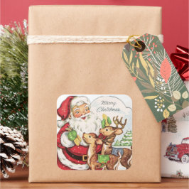 Pegatina Cuadrada Navidad retro vintage navidad Santa reno festivida