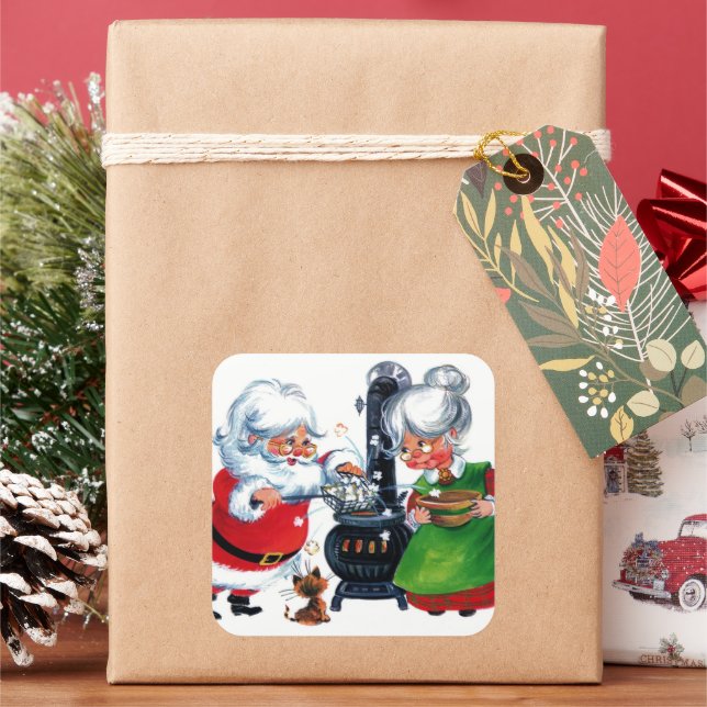 Pegatina Cuadrada Navidad retro vintage Santa Sra Claus (Vacaciones)