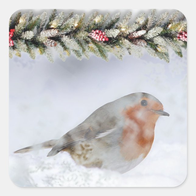 Pegatina Cuadrada Navidad Robin de Invierno Nevado (Anverso)