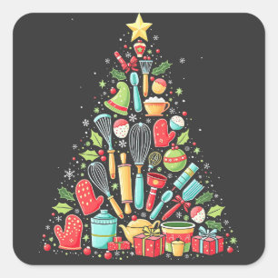 Pegatina Cuadrada Navidad Tree Baking Chef Cook Xmas
