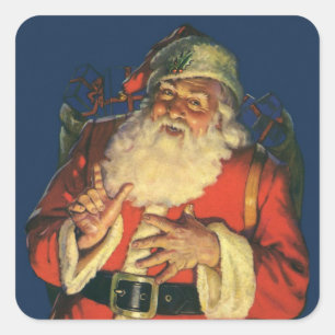 Pegatina Cuadrada Navidad Vintage, alegre Santa Claus con juguetes