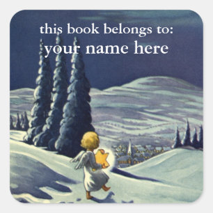 Pegatina Cuadrada Navidad vintage, ángel de nieve caminando con una