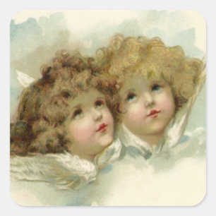Pegatina Cuadrada Navidad vintage, ángeles victorianos en las nubes
