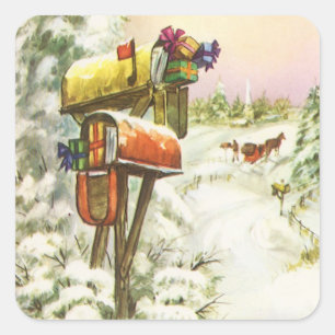 Pegatina Cuadrada Navidad Vintage, buzones en paisaje invernal