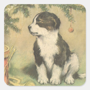 Pegatina Cuadrada Navidad Vintage, Cachorro Lindo Debajo del Árbol d