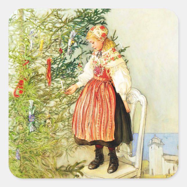 Pegatina Cuadrada Navidad vintage Carl Larsson Sueco (Anverso)