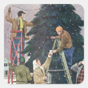 Pegatina Cuadrada Navidad Vintage, Familia Colocando Luces en el Árb