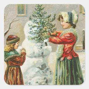 Pegatina Cuadrada Navidad Vintage Feliz Navidad Muñeco de Nieve de I