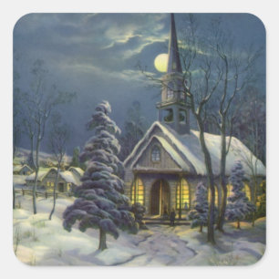 Pegatina Cuadrada Navidad vintage, Iglesia de Invierno en Nieve con