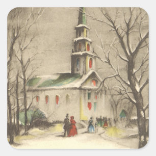Pegatina Cuadrada Navidad Vintage, Iglesia en paisaje invernal nevad