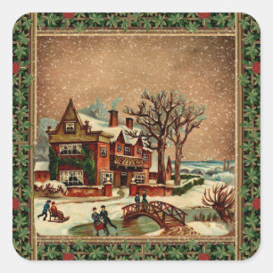 Pegatina Cuadrada Navidad vintage invierno alegre retro elegante
