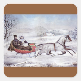 Pegatina Cuadrada Navidad Vintage, Invierno Camino, Caballo Sleigh