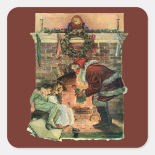 Pegatina Cuadrada Navidad Vintage, Niños Claus Victoriano