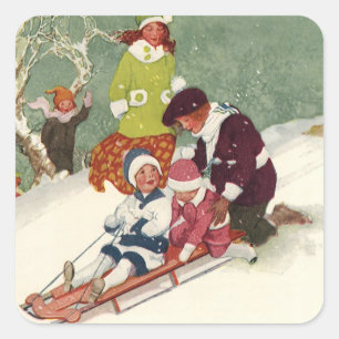 Pegatina Cuadrada Navidad Vintage, niños deslizándose en la nieve