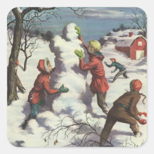 Pegatina Cuadrada Navidad Vintage, niños pelea de bolas de nieve