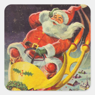 Pegatina Cuadrada Navidad vintage, Santa Claus en una nave espacial