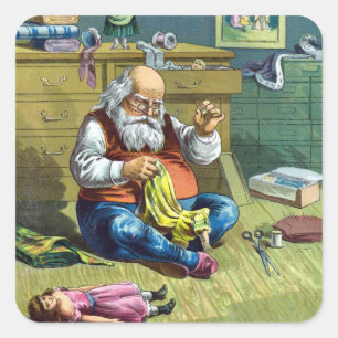 Pegatina Cuadrada Navidad Vintage, Santa Claus haciendo muñecas