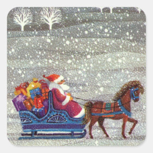 Pegatina Cuadrada Navidad Vintage, Santa Claus Trineo Abierto de un 