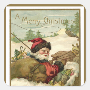 Pegatina Cuadrada Navidad Vintage, Santa Claus Victoriano en Trineo