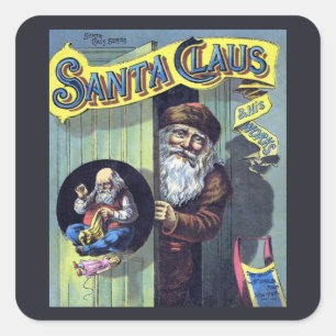 Pegatina Cuadrada Navidad Vintage, Santa Claus y su obra Libro