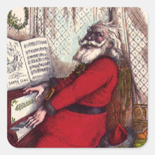 Pegatina Cuadrada Navidad vintage, Thomas Nast Santa Claus Piano