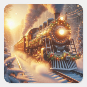 Pegatina Cuadrada Navidad Vintage Tren Navideño Invernal Nevado
