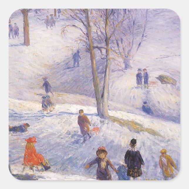 Pegatina Cuadrada Navidad Vintage, trineo, Central Park Glackens (Anverso)