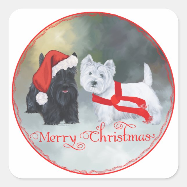 Pegatina Cuadrada Navidad Westie Scottie (Anverso)