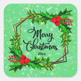 Pegatina Cuadrada Navidades 20xx Holly Red Berries Verde Moderno